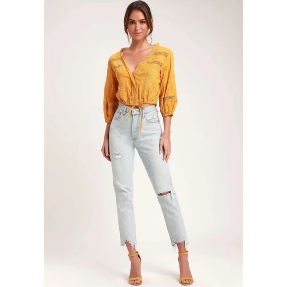 Free People Follow Your Heart Golden Yellow Embroidered Crop Top Size Small - Picture 2 of 12
